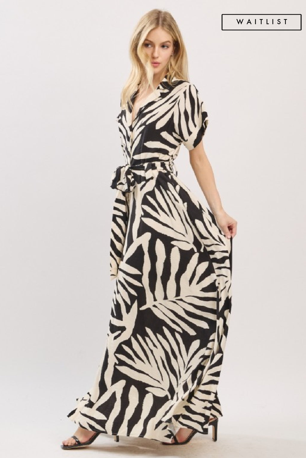 Short Sleeve Waist Tie Tropical Print Maxi Dress Black