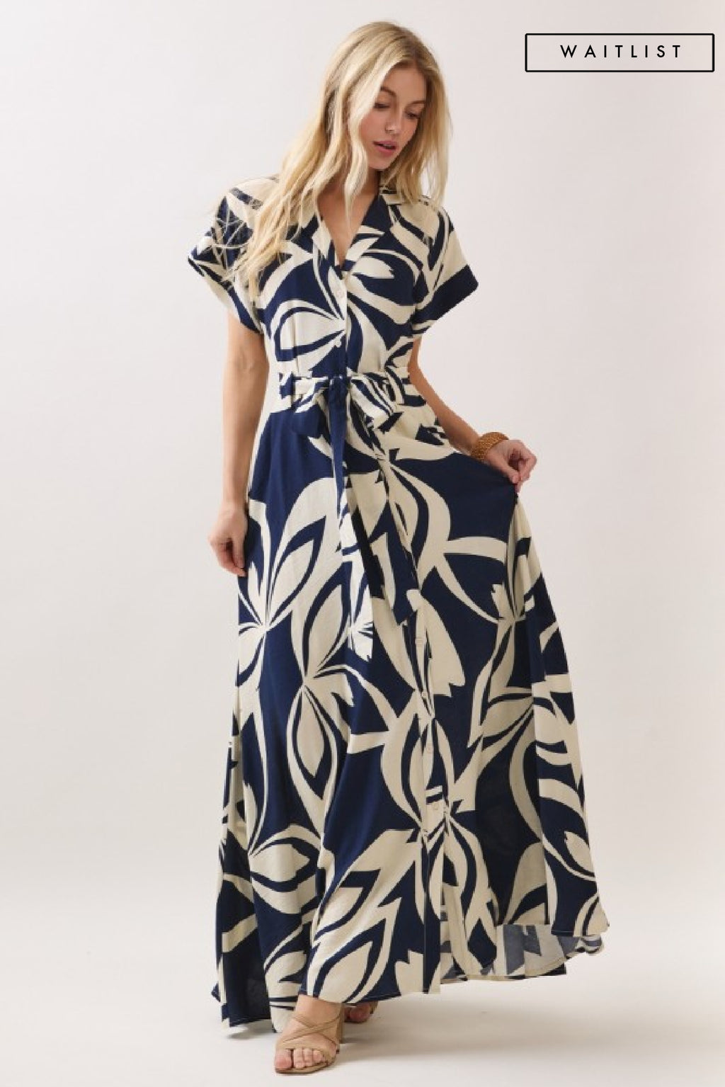 Short Sleeve Waist Tie Floral Print Maxi Dress Navy