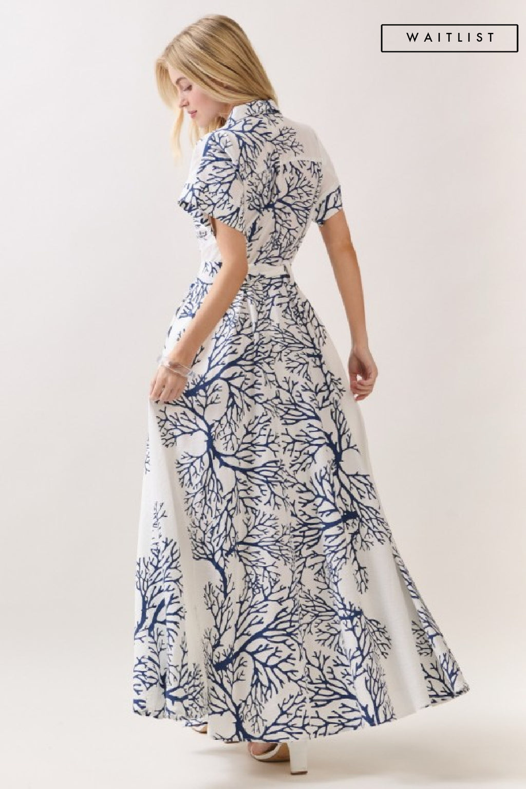 Short Sleeve Waist Tie Damask Print Maxi Dress Ivory