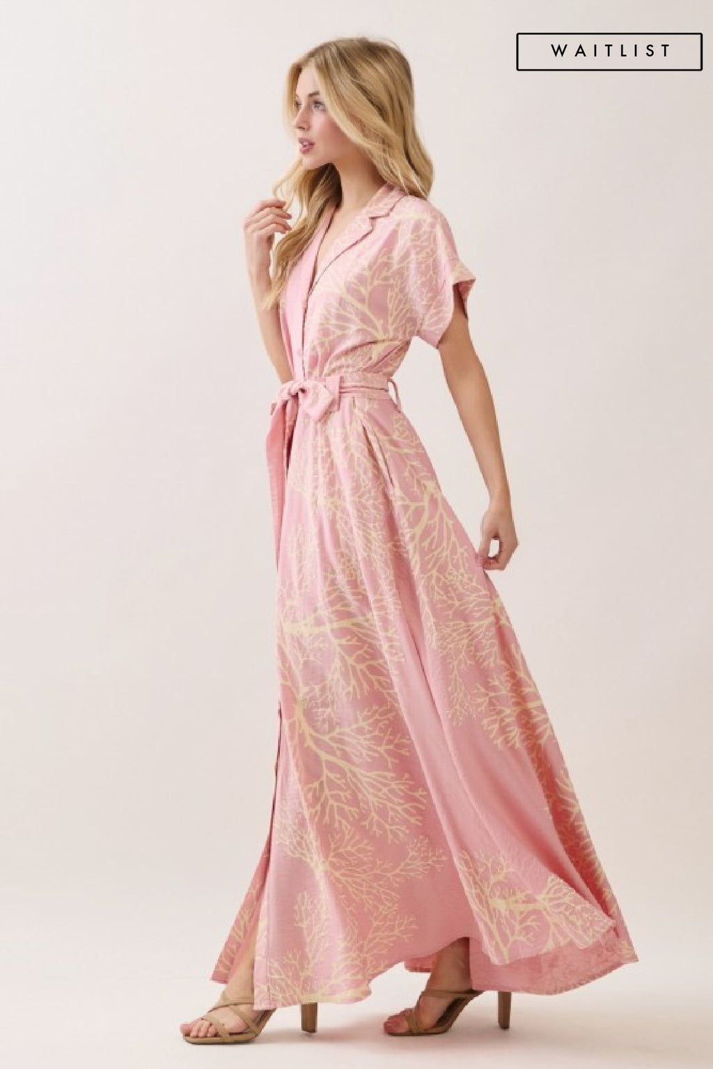 Short Sleeve Waist Tie Damask Print Maxi Dress Pink