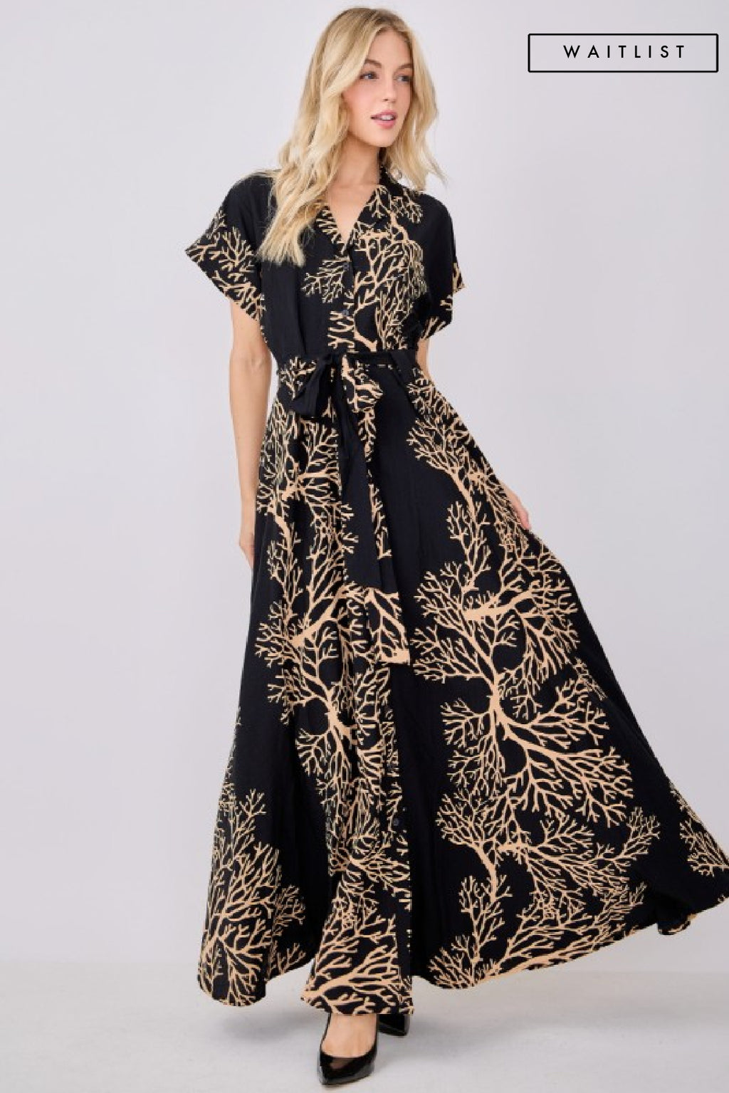Short Sleeve Waist Tie Damask Print Maxi Dress Black