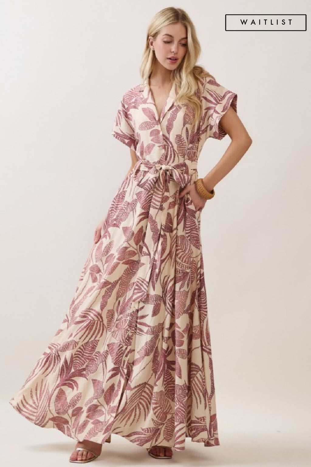  Short Sleeve Waist Tie Tropical Print Maxi Dress Pink