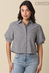 Short Puff Sleeve Button Down Gingham Print Top Black