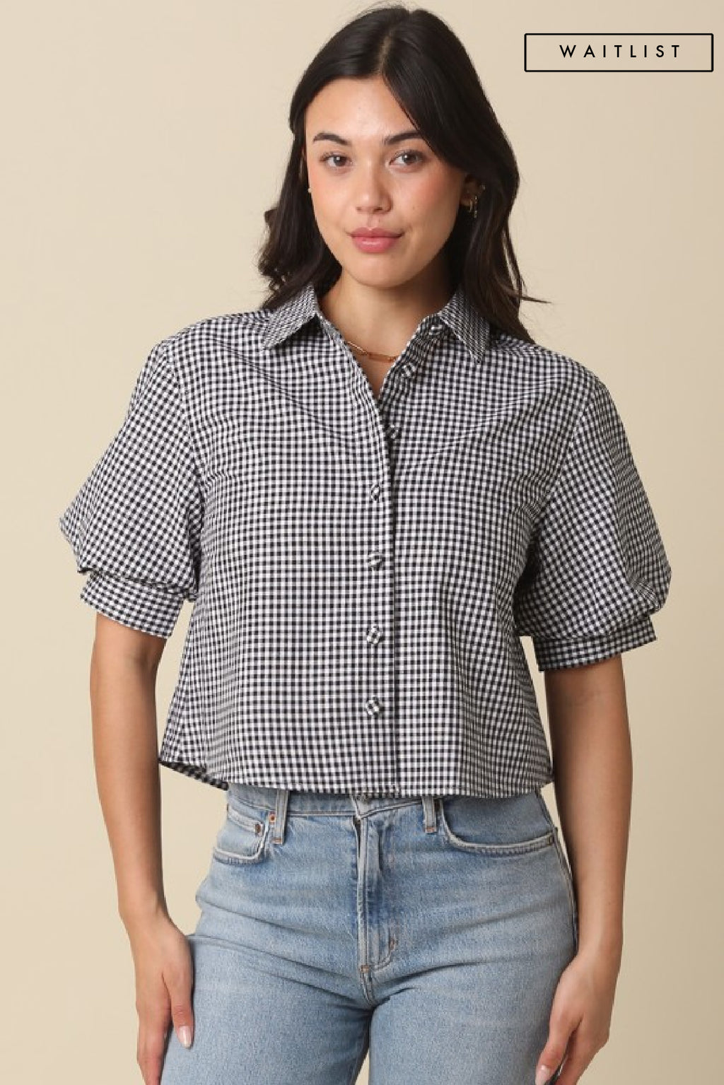 Short Puff Sleeve Button Down Gingham Print Top Black