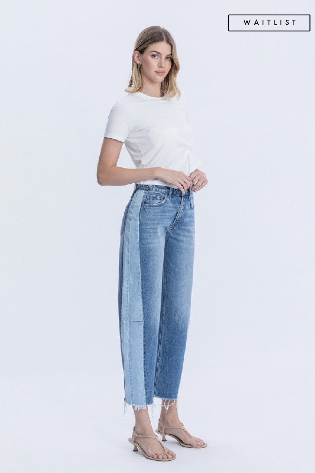 High Rise Cropped Barrel Two Tone Jeans Medium Wash
