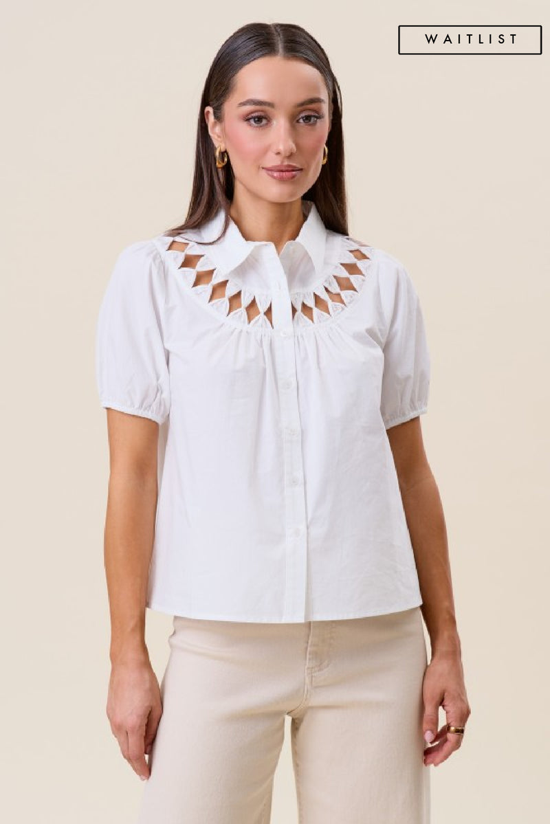 Short Sleeve Button Down Cut Out Top Ivory