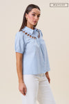 Short Sleeve Button Down Cut Out Top Blue
