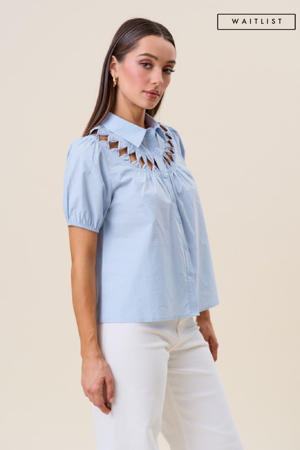 Short Sleeve Button Down Cut Out Top Blue