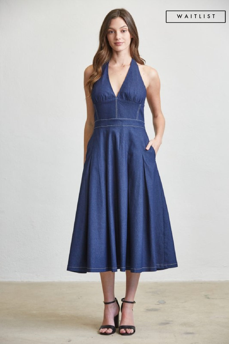 Sleeveless Halter Contrast Stitch Denim Midi Dress Dark Wash
