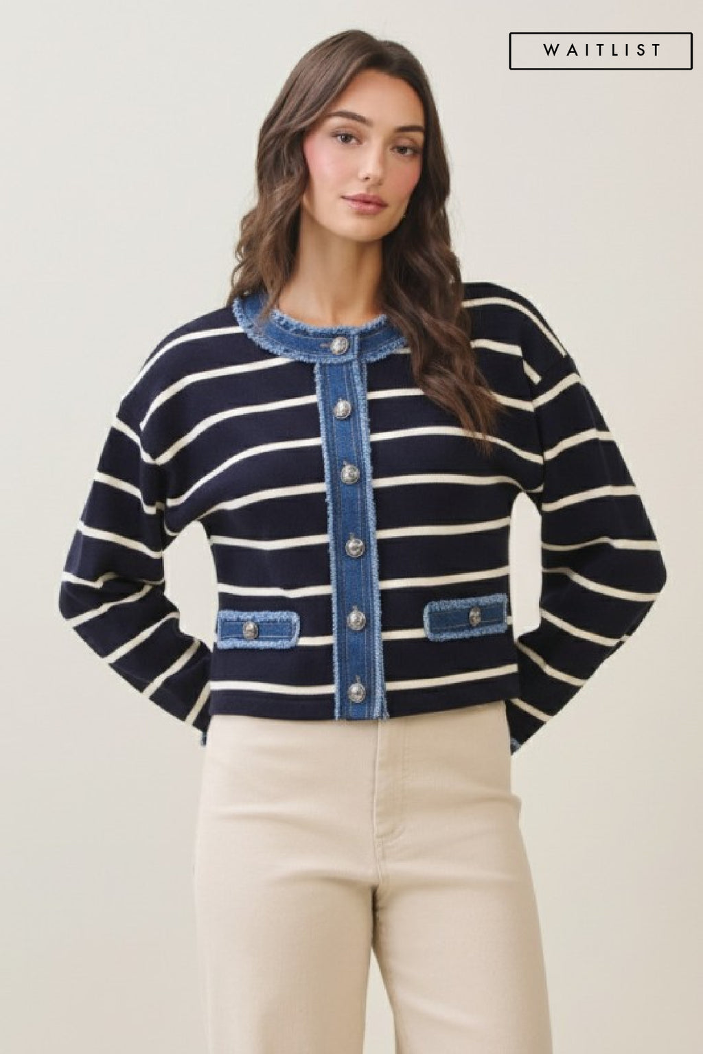 Long Sleeve Button Down Denim Trim Stripe Print Knit Cardigan Navy