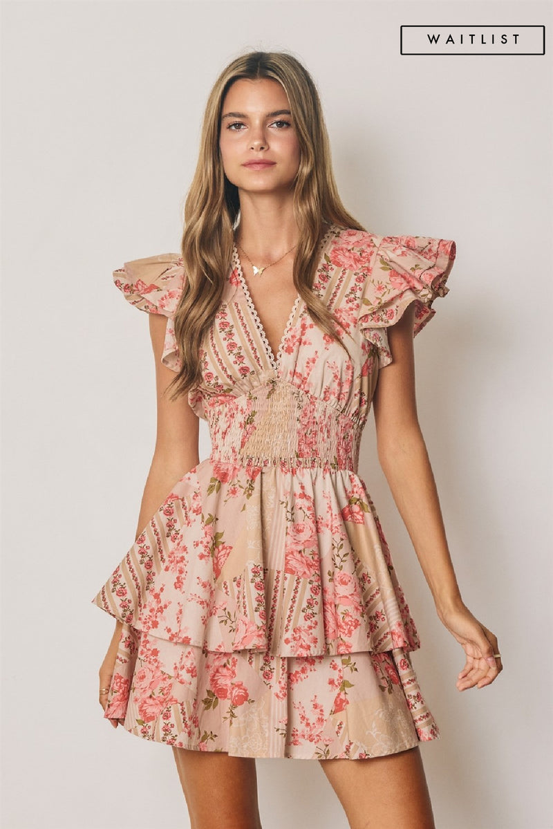 Short Flutter Ruffle Tiered Floral Patchwork Print Mini Dress Blush Pink