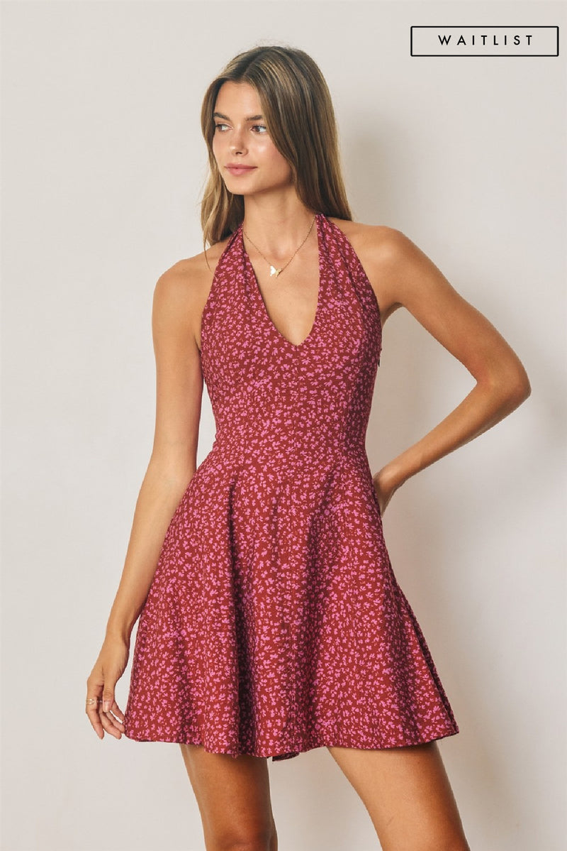 Sleeveless Halter Lace Up Back Floral Print Mini Dress Cherry Red