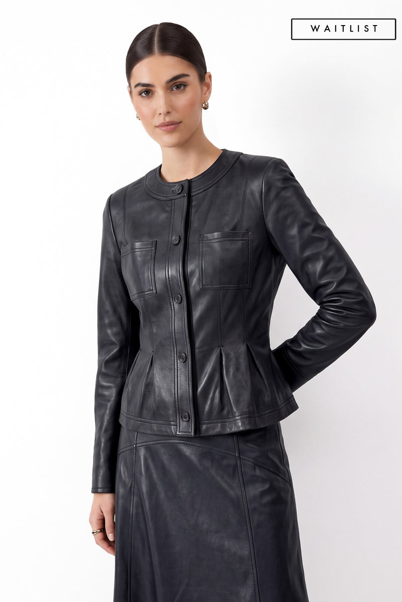 Long Sleeve Faux Leather Pleated Peplum Jacket Navy