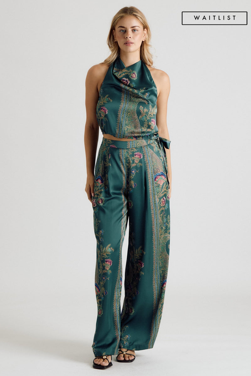 Sleeveless Halter Top And Wide Leg Abstract Print Satin Pants Set Teal