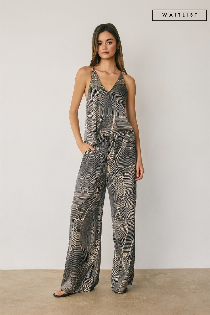 Drawstring Wide Leg Abstract Print Pants Black