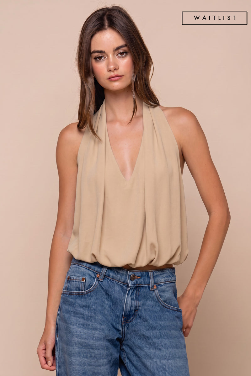 Jillian Sleeveless Halter Balloon Top Tan