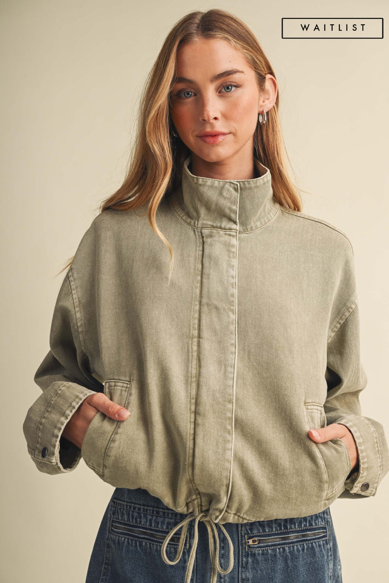 Waitlist 12/5 • Jules Long Sleeve Zip Up Drawstring Hem Washed Denim Jacket Olive