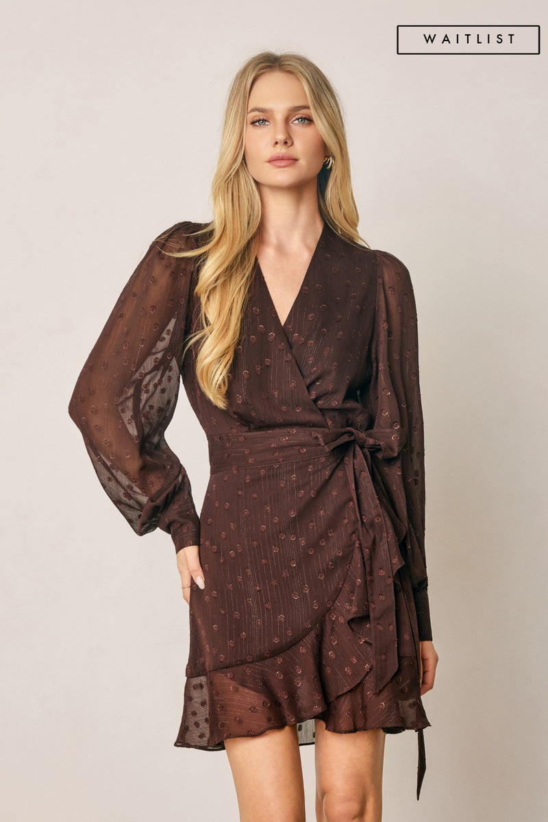 Long Sleeve Waist Tie Metallic Polka Dot Print Wrap Mini Dress Brown