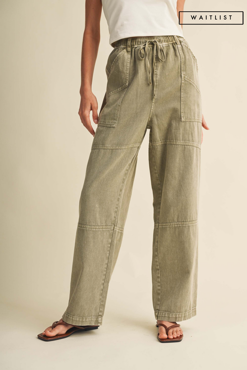 Drawstring Wide Leg Denim Pants Olive