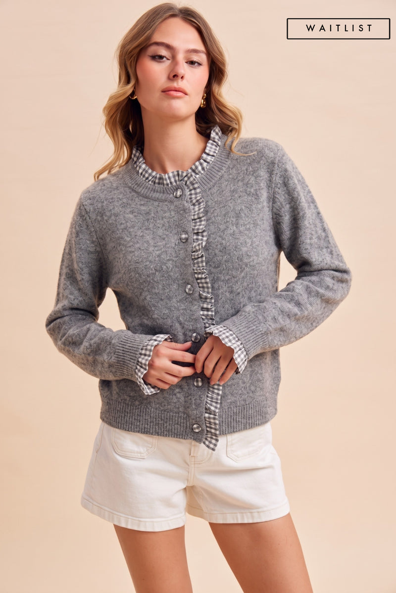 Long Sleeve Button Down Gingham Ruffle Trim Wool Cardigan Grey