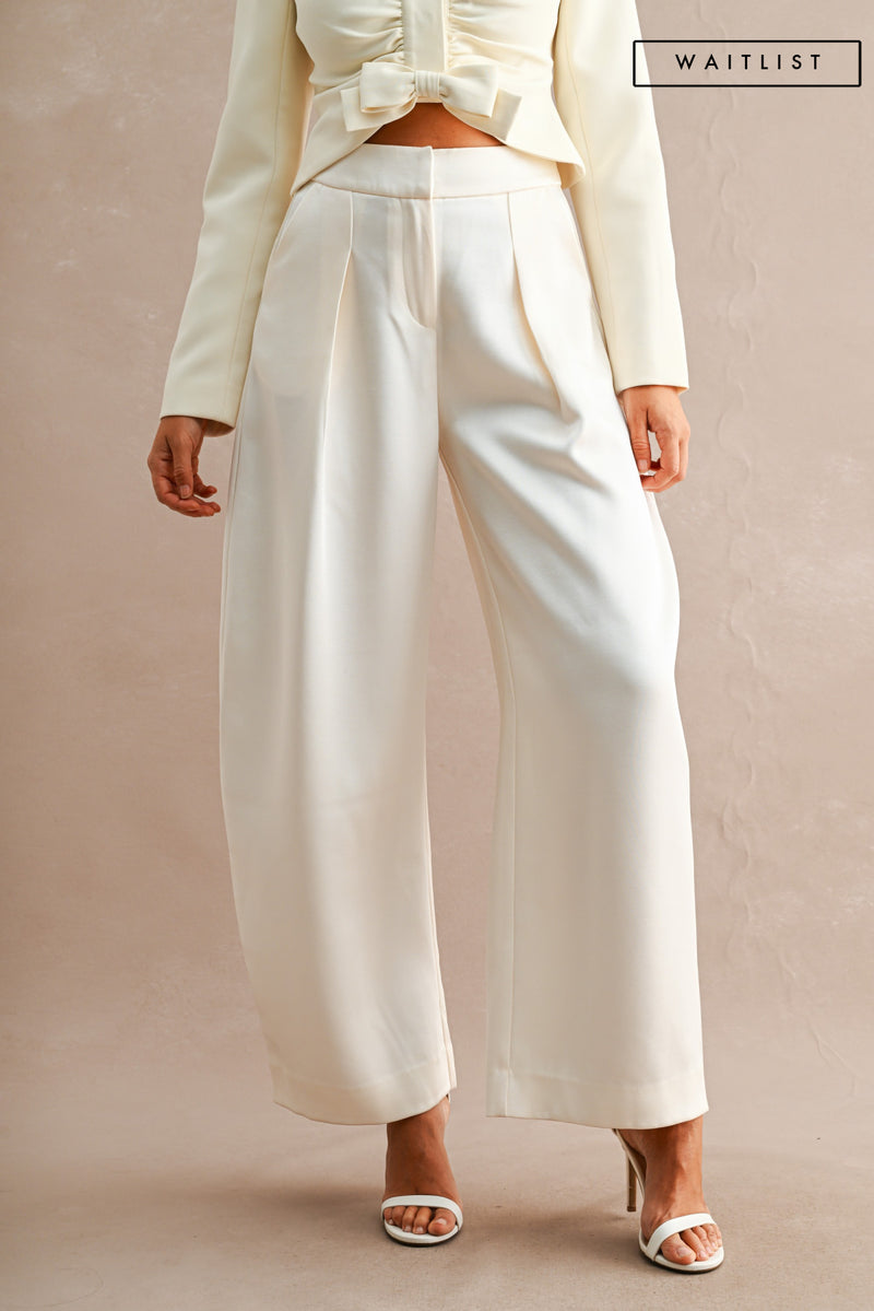 High Waist Satin Tailored Wide Leg Pants Cream