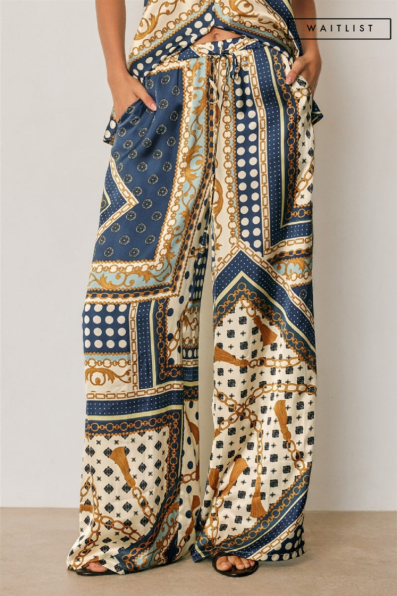 Drawstring Satin Scarf Print Wide Leg Pants Blue