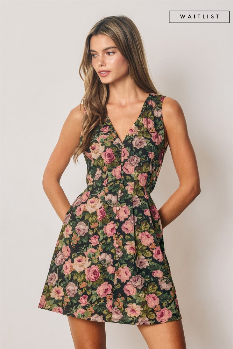 Sleeveless Vintage Floral Print Mini Dress Pink