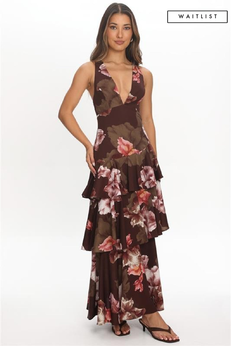 Sleeveless Tiered Floral Print Maxi Dress Brown