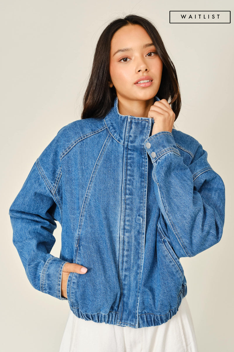 Long Sleeve Zip Up Bomber Denim Jacket Medium Wash