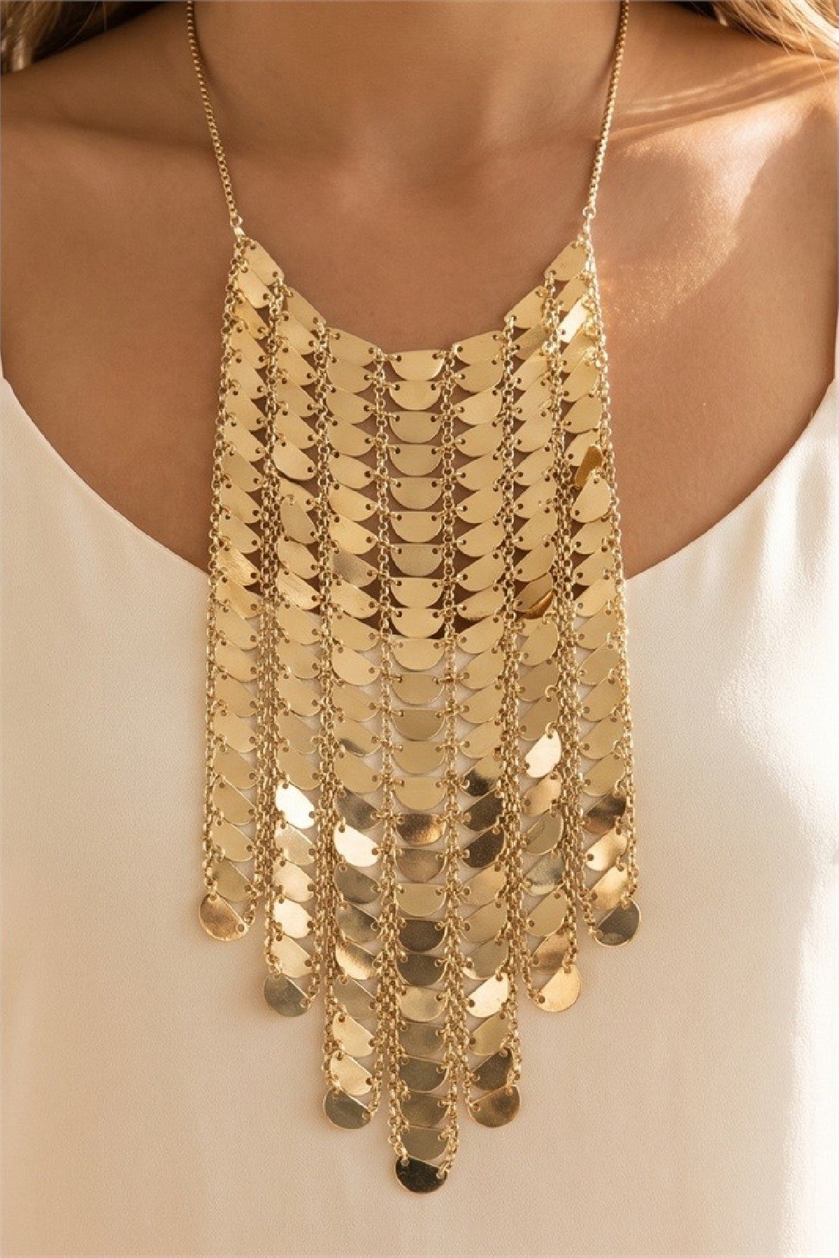 Adjustable Bolo Mesh Fringe Bib Necklace Gold