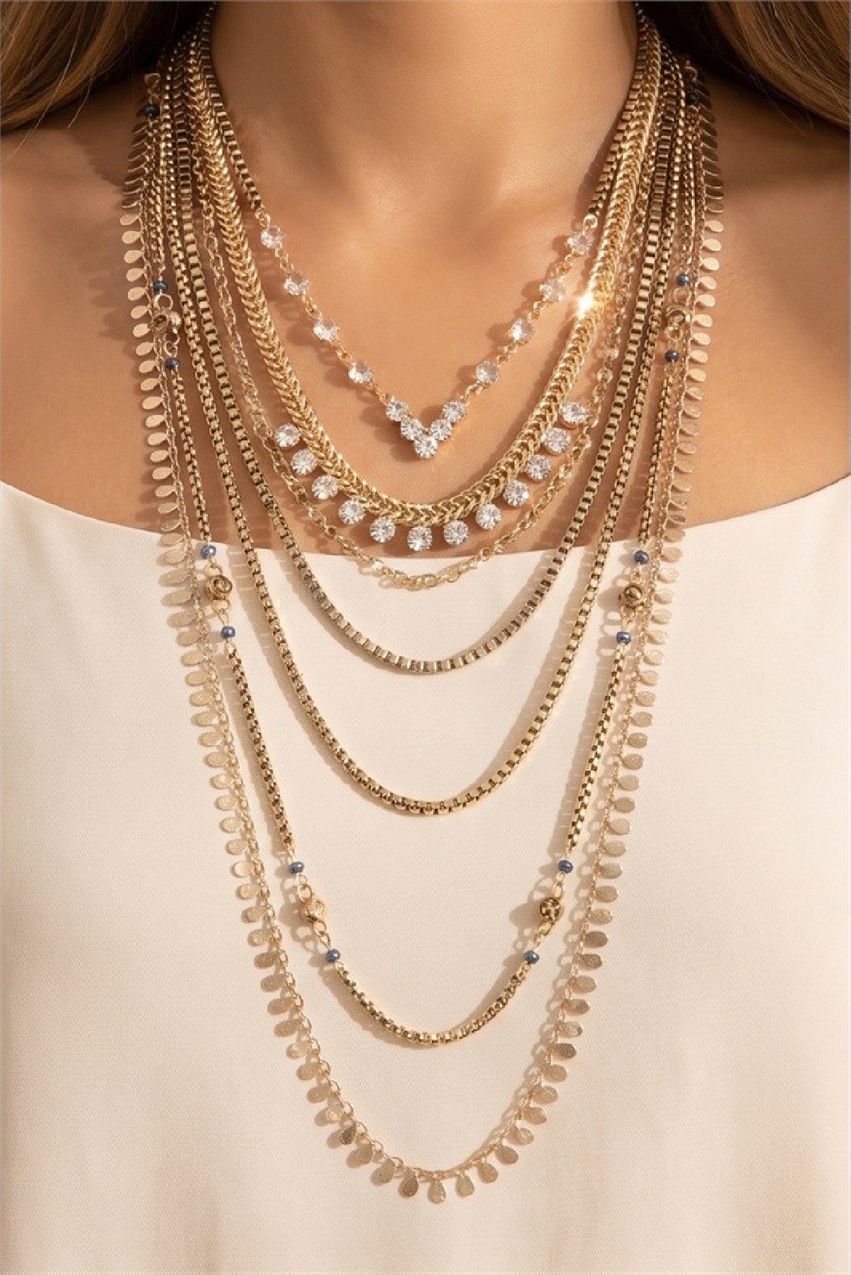 Multi Row Layered Chain And Crystal Necklace Gold