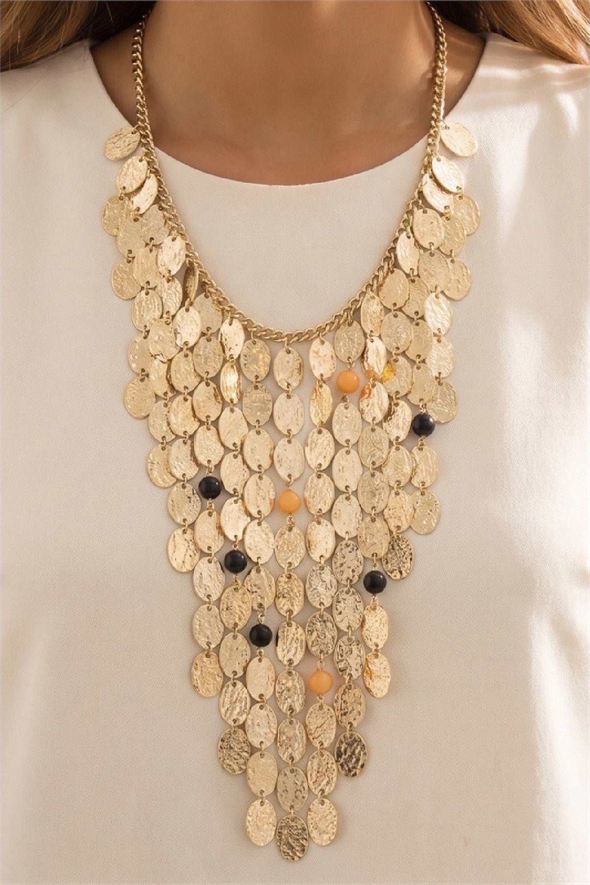 Hammered Disc Waterfall Bib Necklace Gold