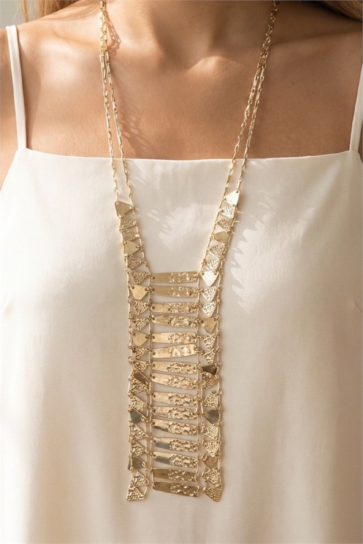 Hammered Bar Ladder Y Bib Necklace Gold