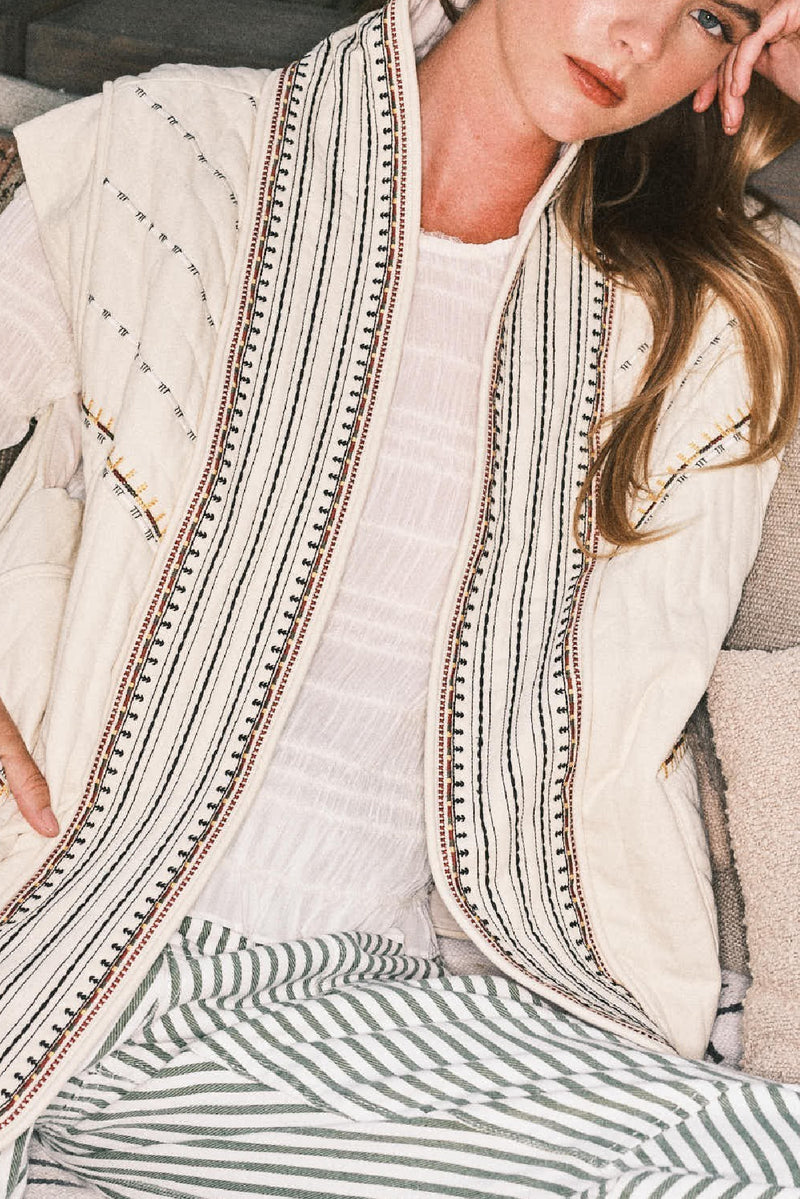 Fallon Sleeveless Oversized Open Front Embroidery Quilted Vest Beige
