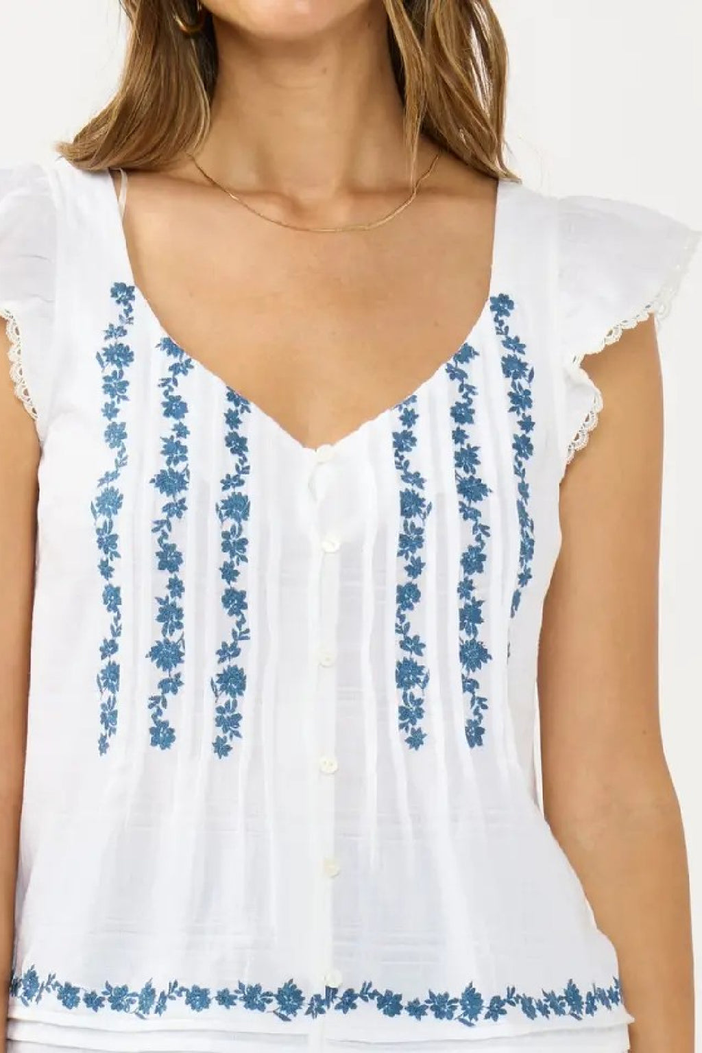  Short Ruffle Sleeve Button Down Embroidered Top White