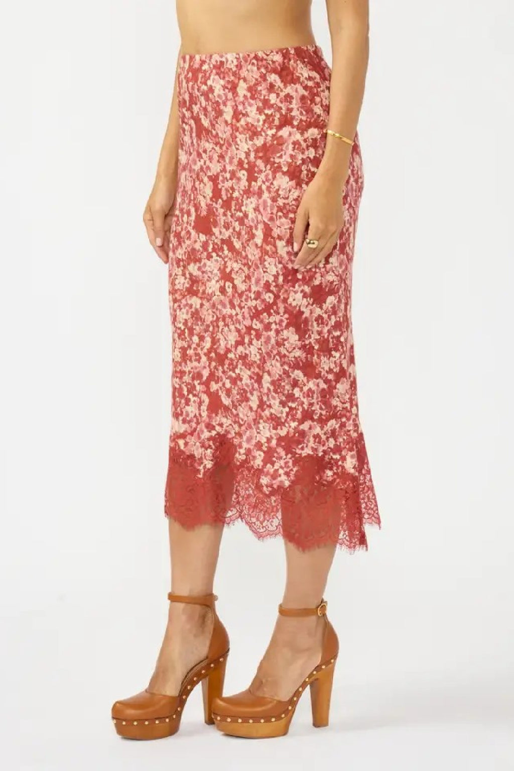 High Waist Delicate Lace Floral Print Maxi Skirt Red