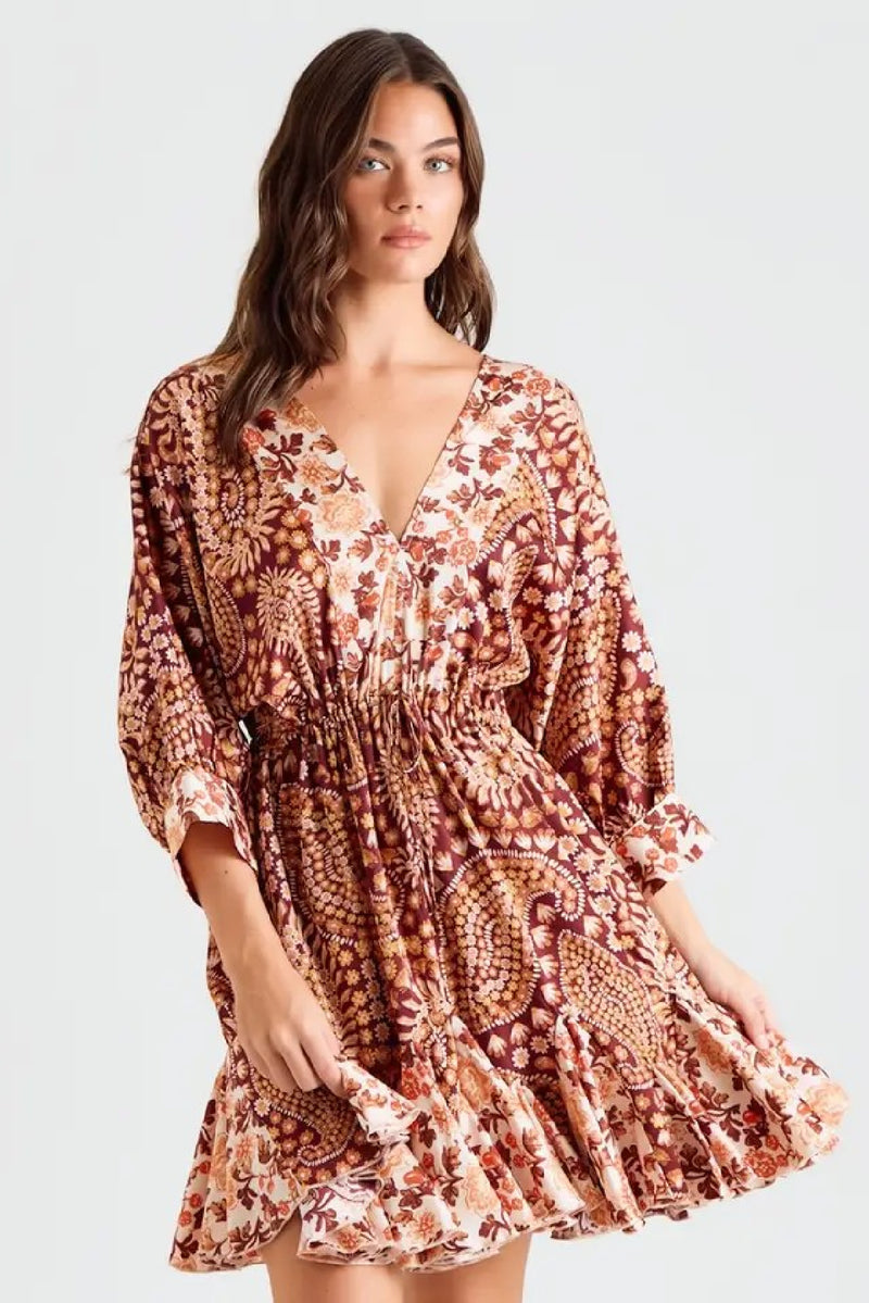 3/4 Sleeve Paisley Print Ruffle Mini Dress Rust