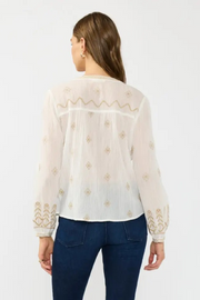 Long Sleeve Button Down Embroidered Top White