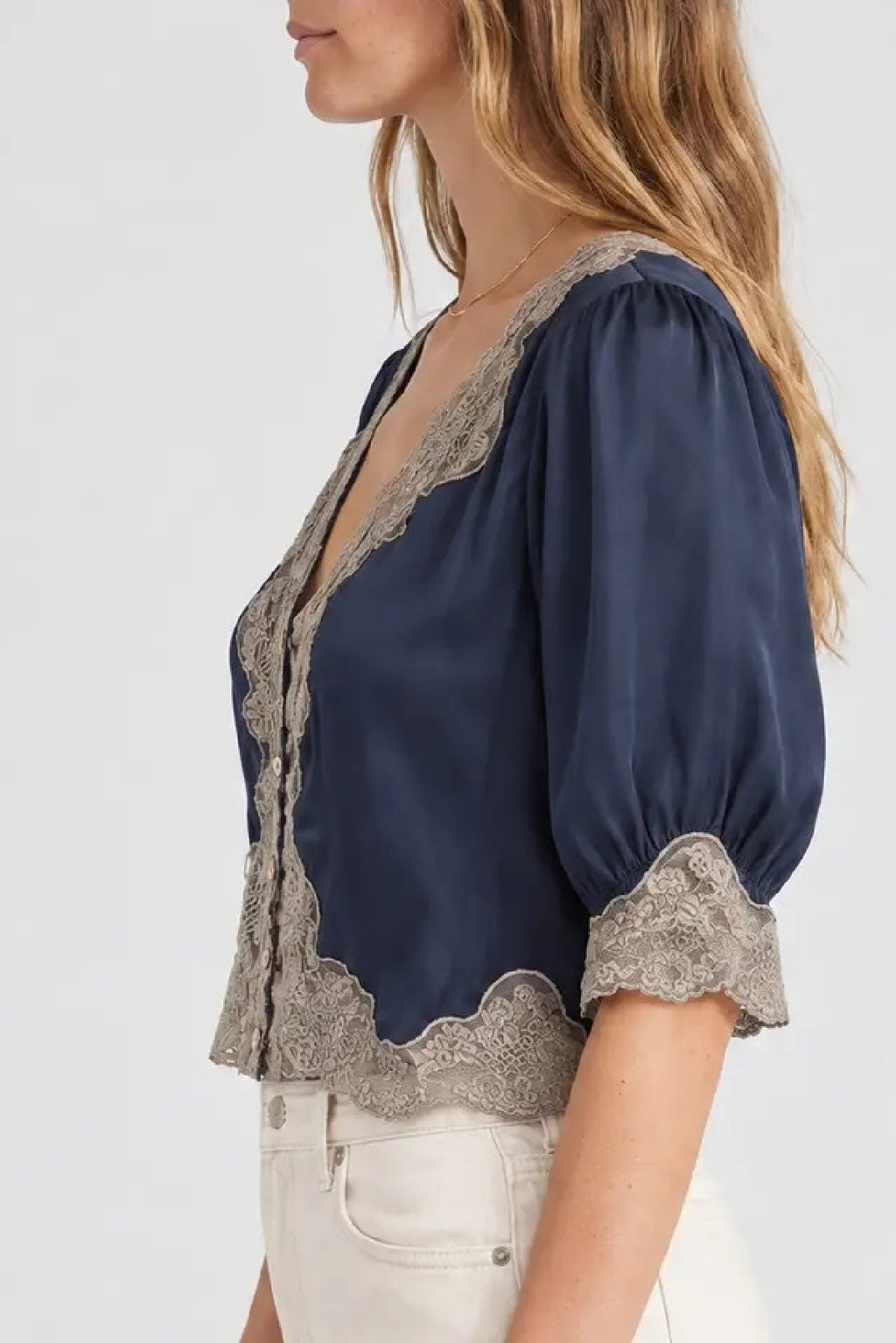 3/4 Sleeve Button Down Satin And Lace Trim Top Navy