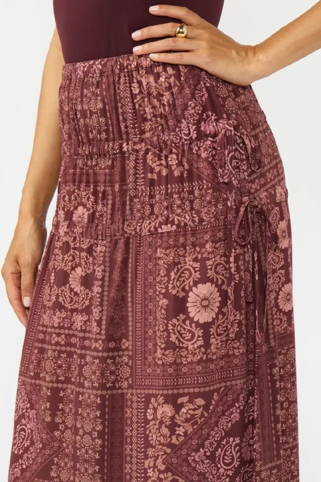 High Waist Abstract Print Maxi Skirt Burgundy