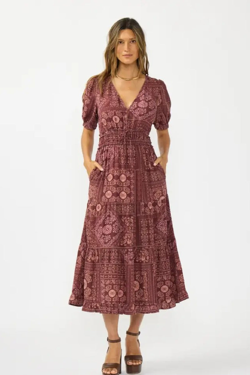 Valaria Short Puff Sleeve Abstract Print Midi Dress Burgundy SMALL