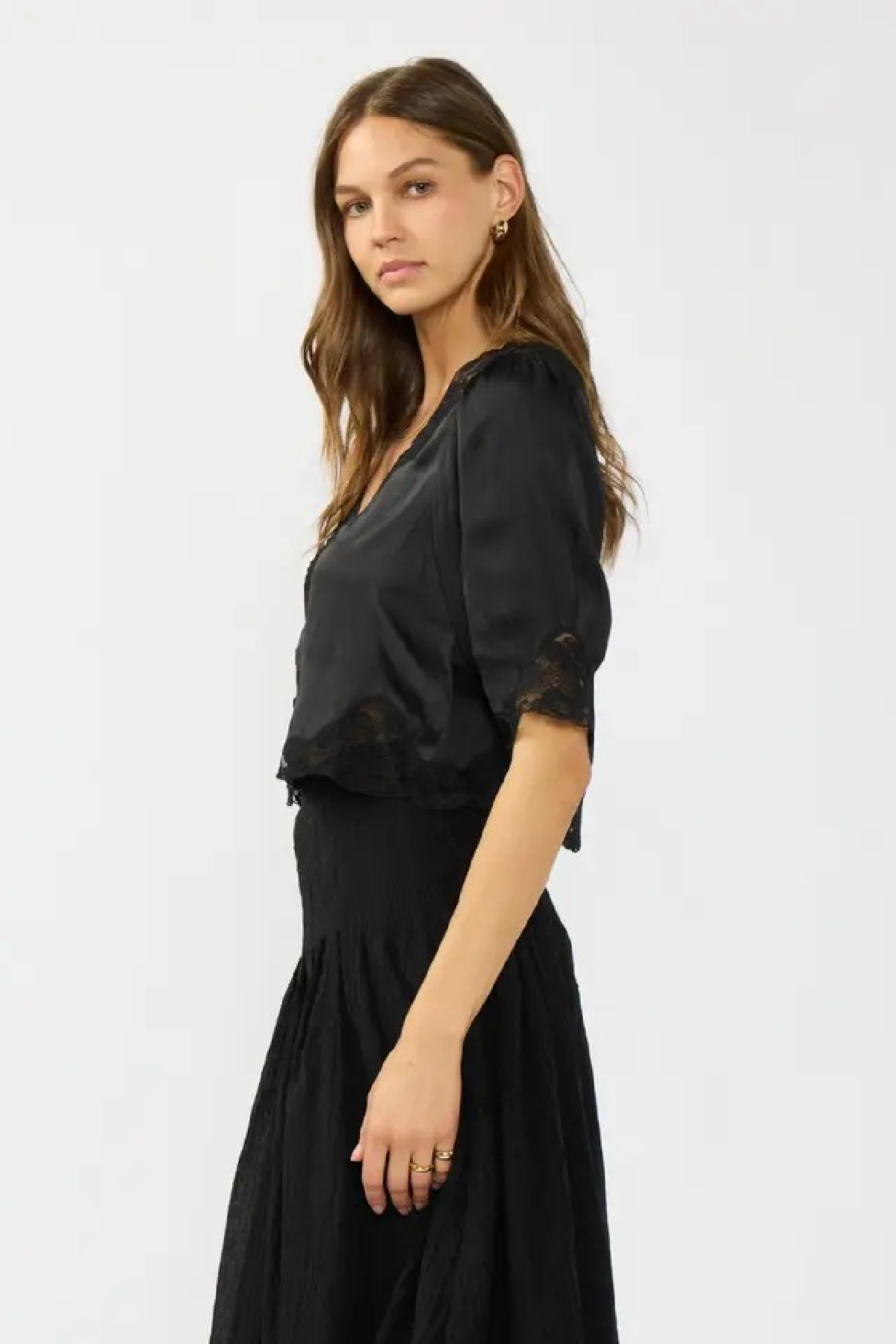 3/4 Sleeve Button Down Lace Trim Top Black