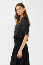 3/4 Sleeve Button Down Lace Trim Top Black