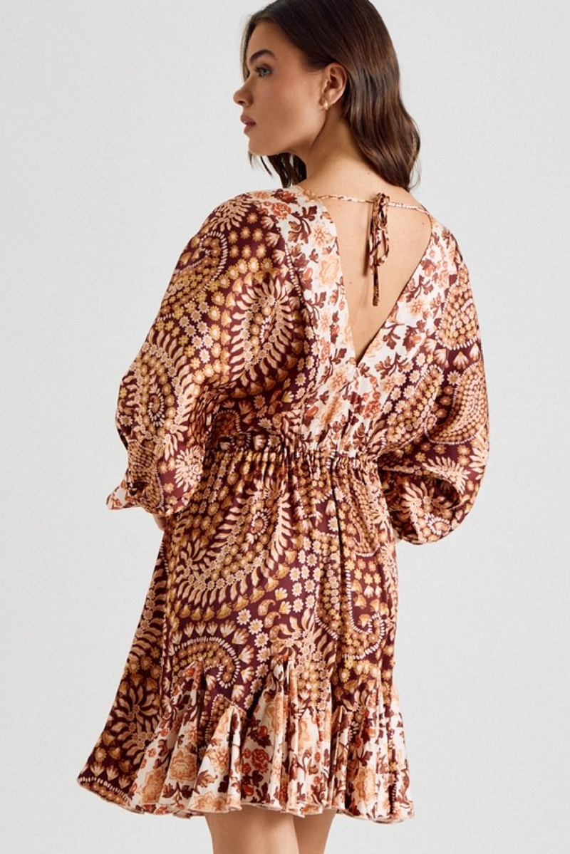 3/4 Sleeve Paisley Print Ruffle Mini Dress Rust