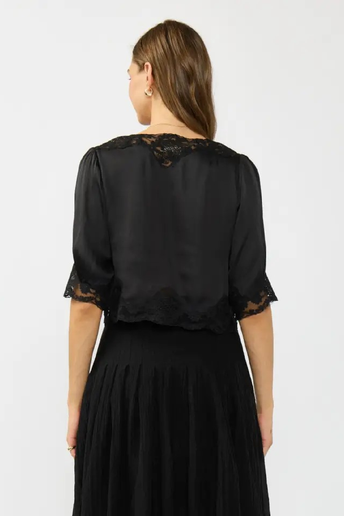 3/4 Sleeve Button Down Lace Trim Top Black