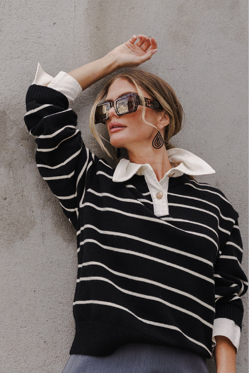Long Sleeve Stripe Print Knit Sweater Black
