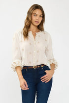 Long Sleeve Button Down Embroidered Top White