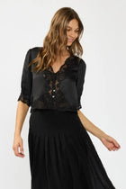 3/4 Sleeve Button Down Lace Trim Top Black