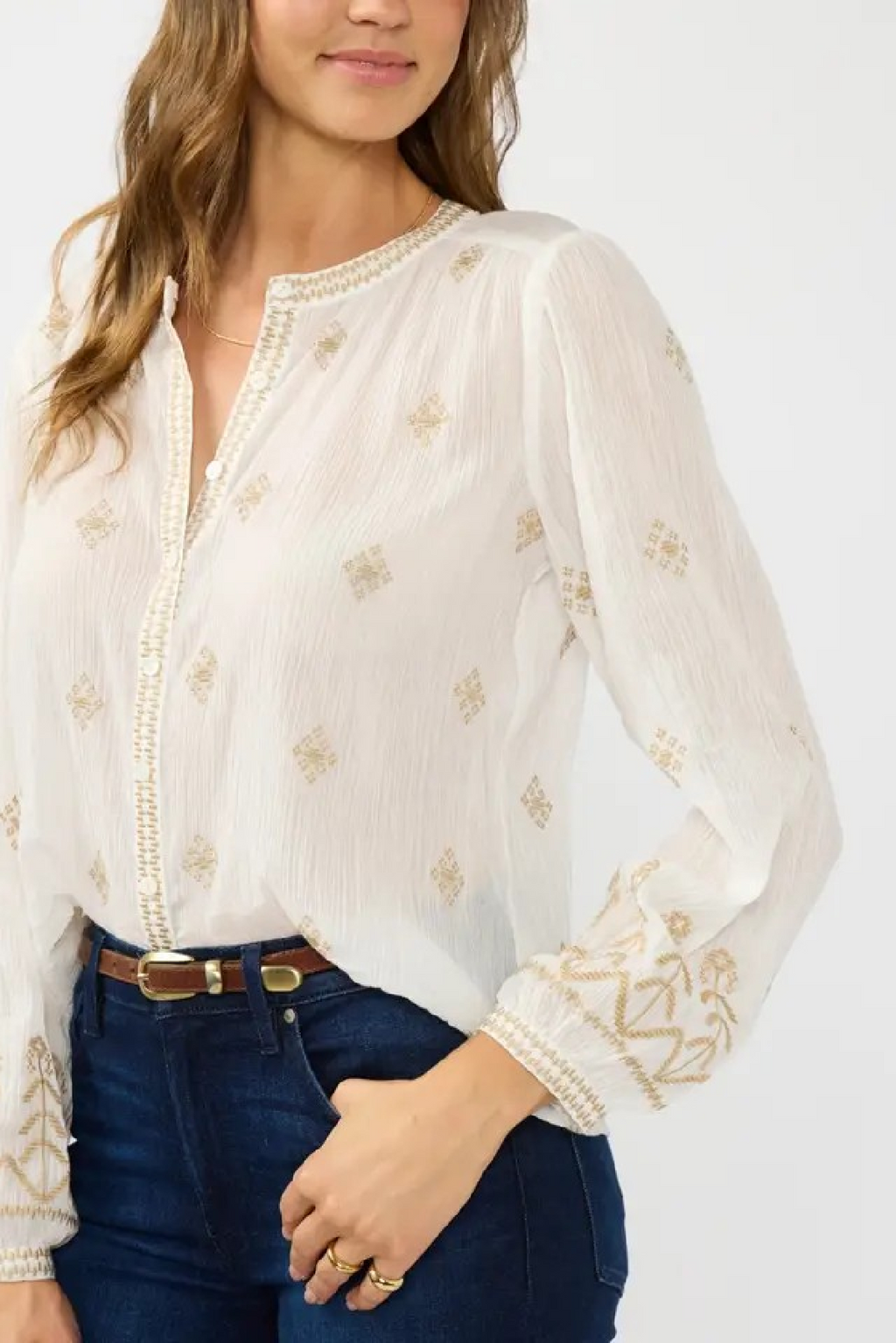 Long Sleeve Button Down Embroidered Top White