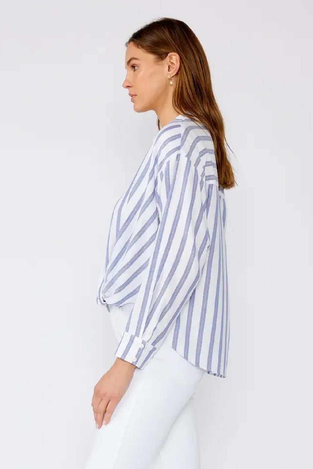 Long Sleeve Button Down Stripe Print Top Blue